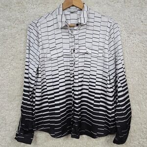Alberto Makali Womens Button Up Top Size L Black White Career Classic Office